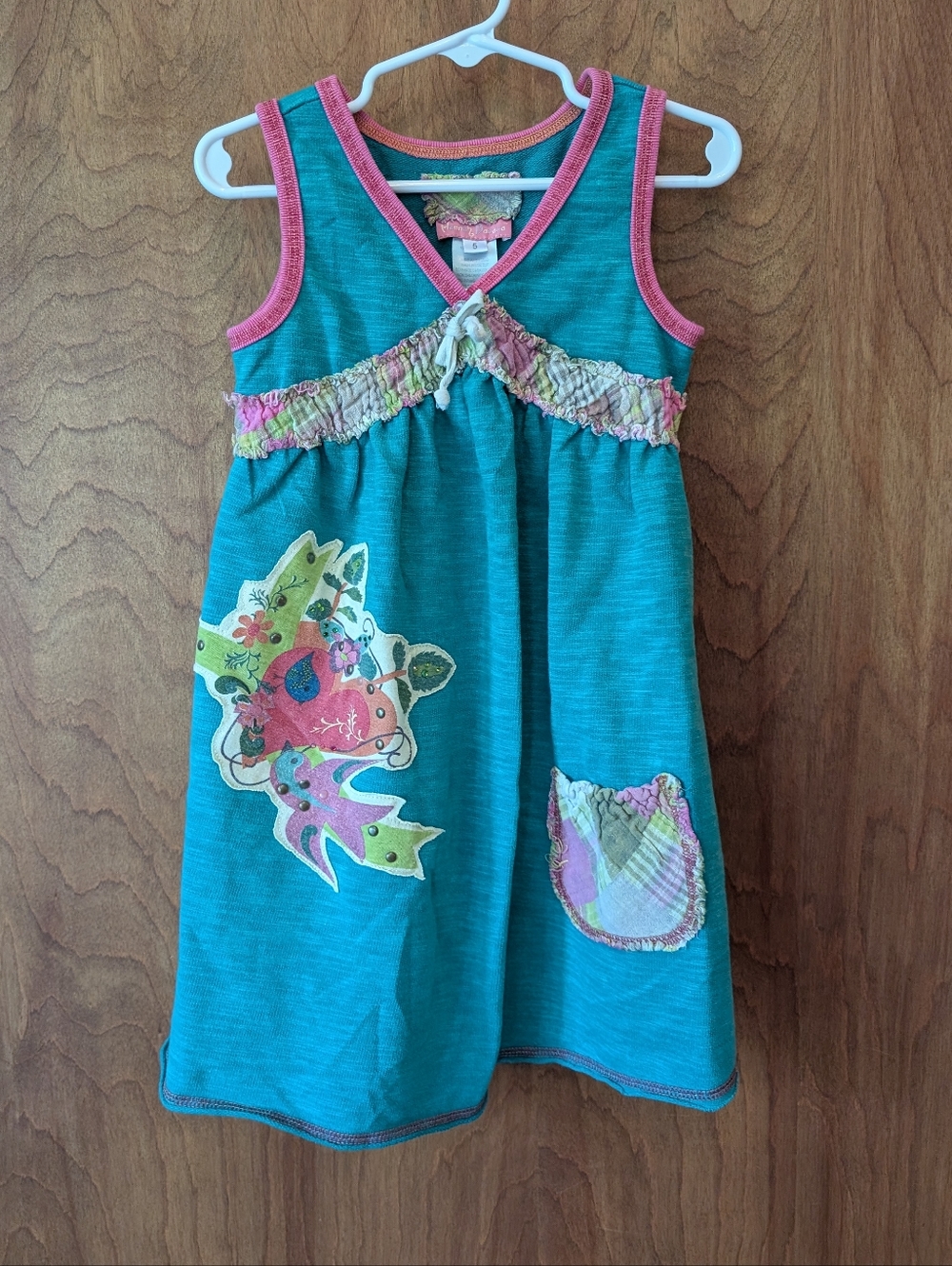 Hannah Banana Teal Sundress with Pink Trim and Multicolor Appliqués
